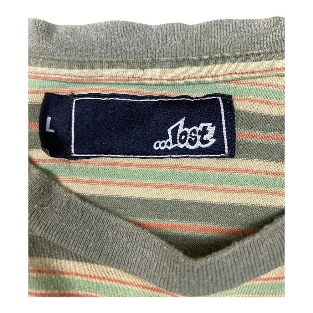 VTG‎ Lost T-Shirt Men LARGE Green Stripe Logo Embroidered Streetwear Skater Y2K